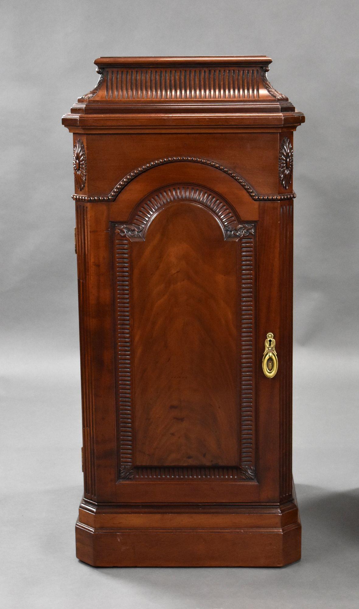 For sale is a good quality pair of 19th century solid mahogany pedestals, each having a paneled cupboard door, opening to sliding trays in one, and a single shelf in the other. Both pedestals stand on a plinth base and are in excellent condition for