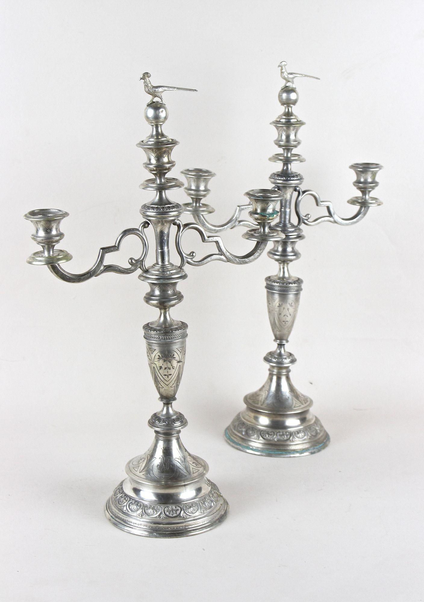 Sehr dekoratives Paar massiver Silberkandelaber aus der Mitte des 19. Jahrhunderts aus der Zeit um 1860 in Österreich. Kunstvoll gestaltet mit erstaunlich anmutenden kleinen Details, wurden diese großen außergewöhnlichen Silberleuchter aus