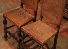 Pair of 19th Century Spanish Carved Walnut Bar Stools with Original Leather