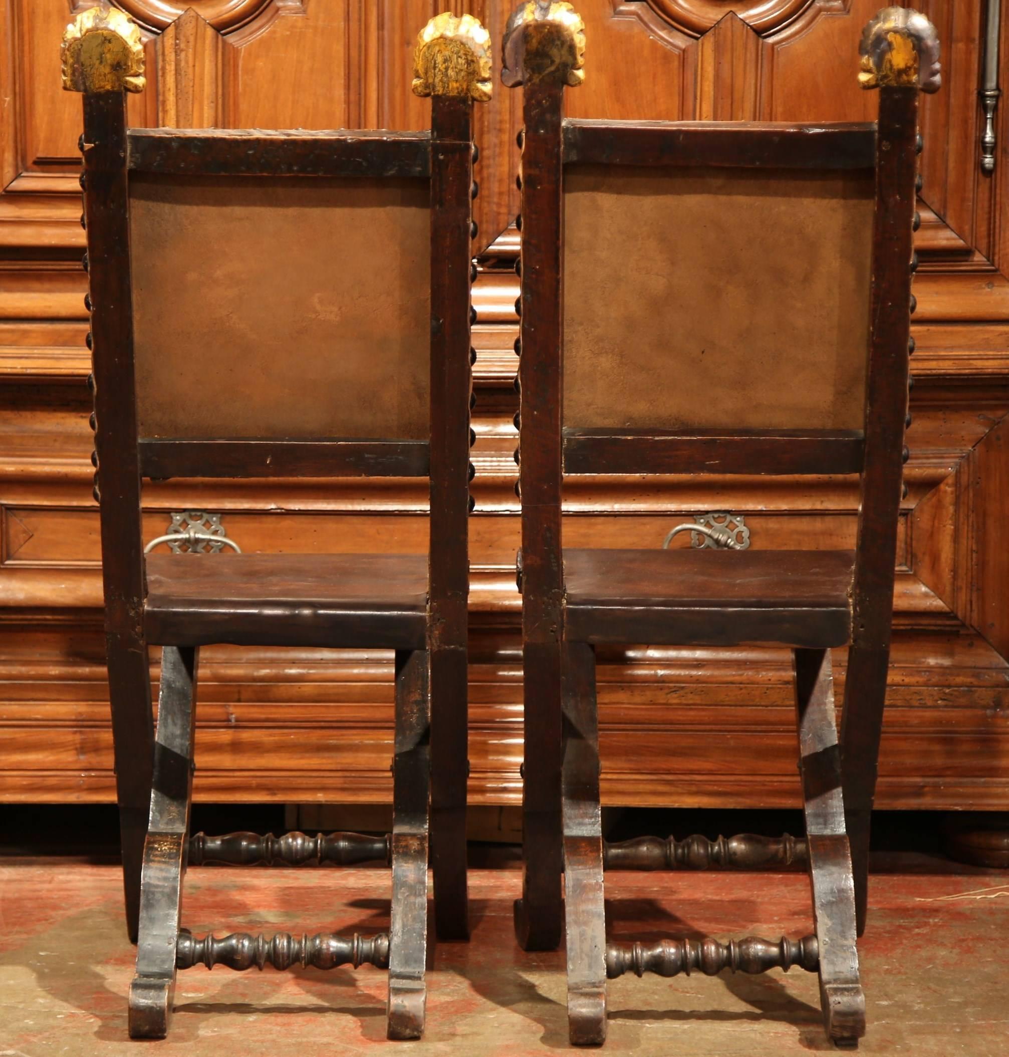 Pair of 19th Century Spanish Carved Walnut Folding Chairs with Original Leather 5