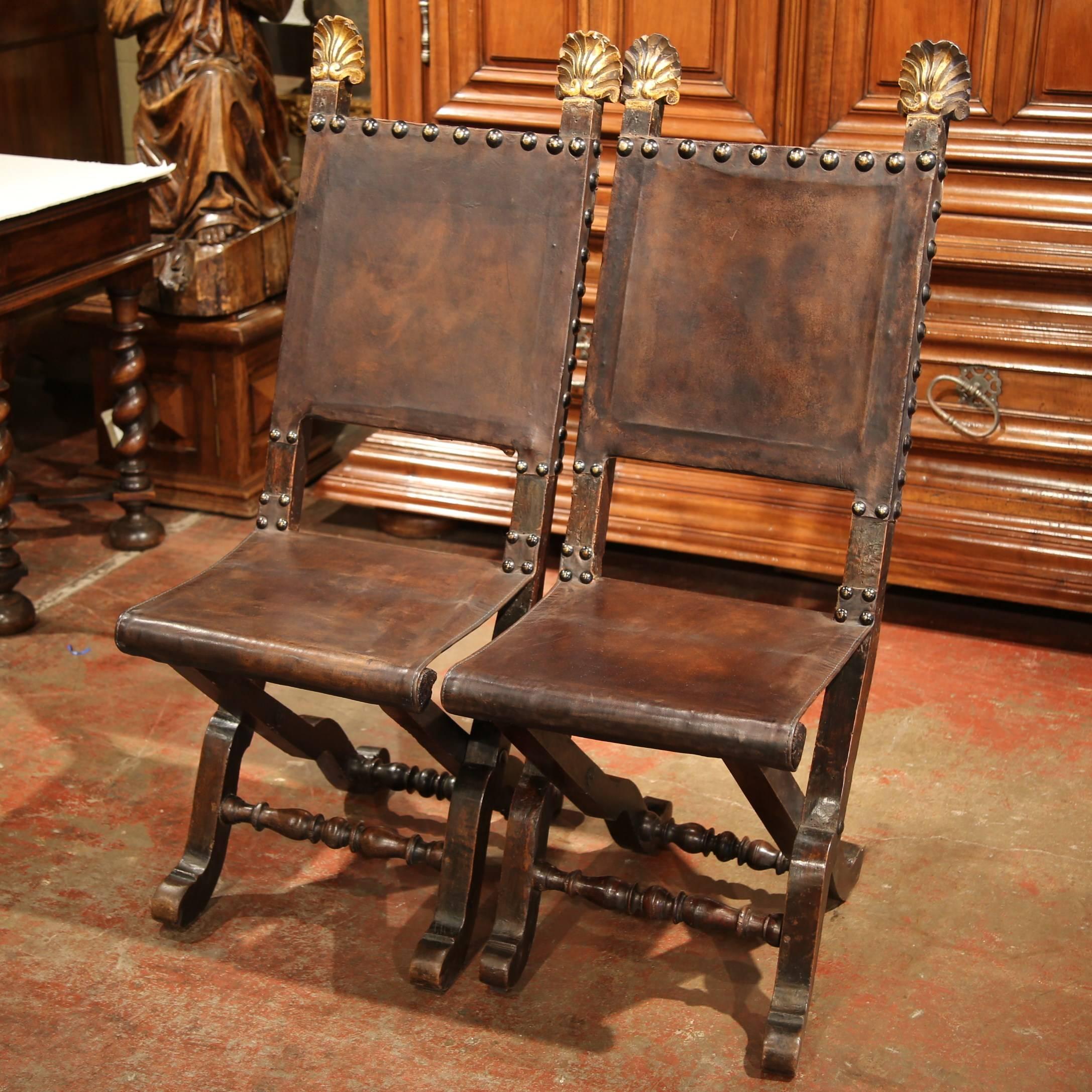 Baroque Pair of 19th Century Spanish Carved Walnut Folding Chairs with Original Leather