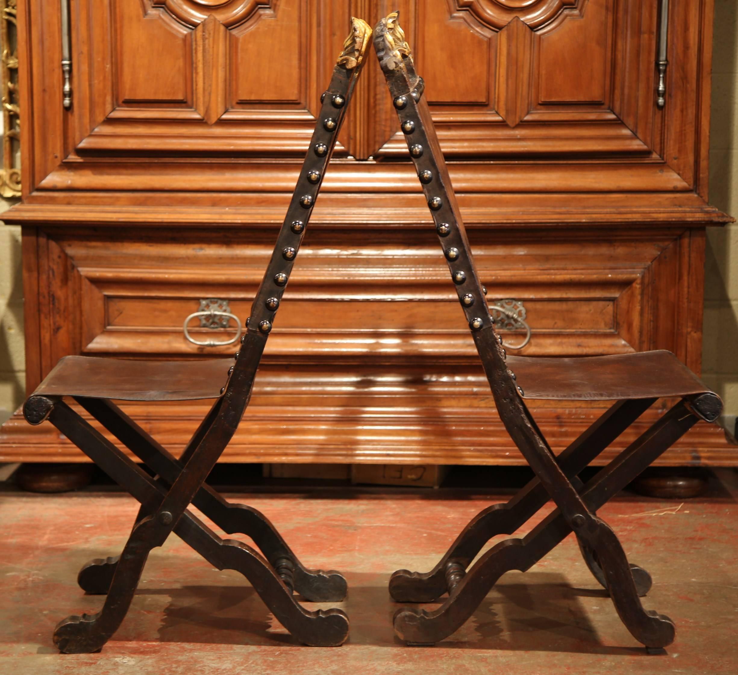 Pair of 19th Century Spanish Carved Walnut Folding Chairs with Original Leather In Excellent Condition In Dallas, TX