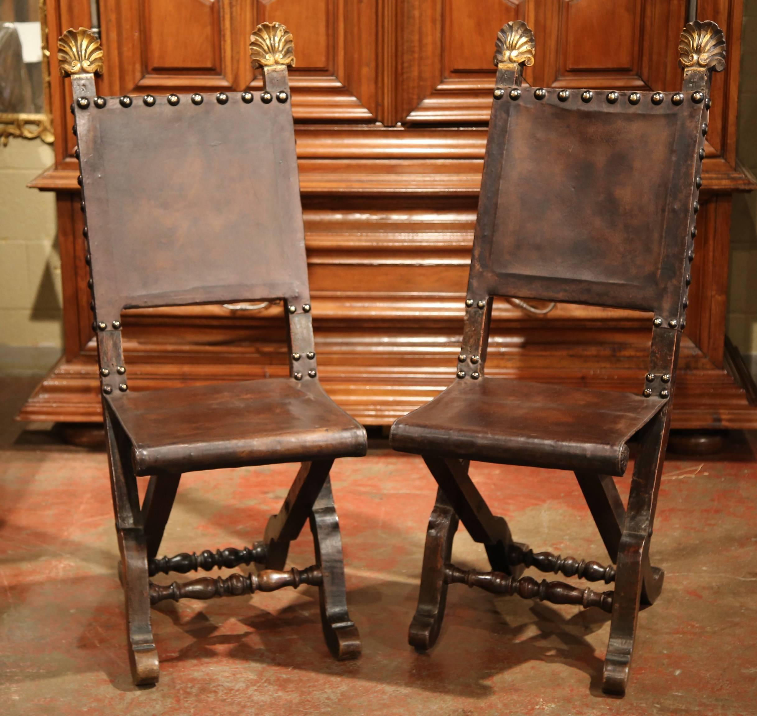 Pair of 19th Century Spanish Carved Walnut Folding Chairs with Original Leather 3