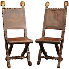 Pair of 19th Century Spanish Carved Walnut Folding Chairs with Original Leather