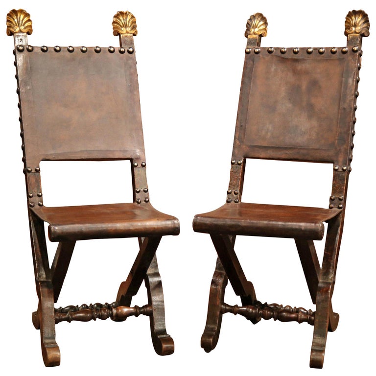 Pair Of 19th Century Spanish Carved Walnut Folding Chairs With