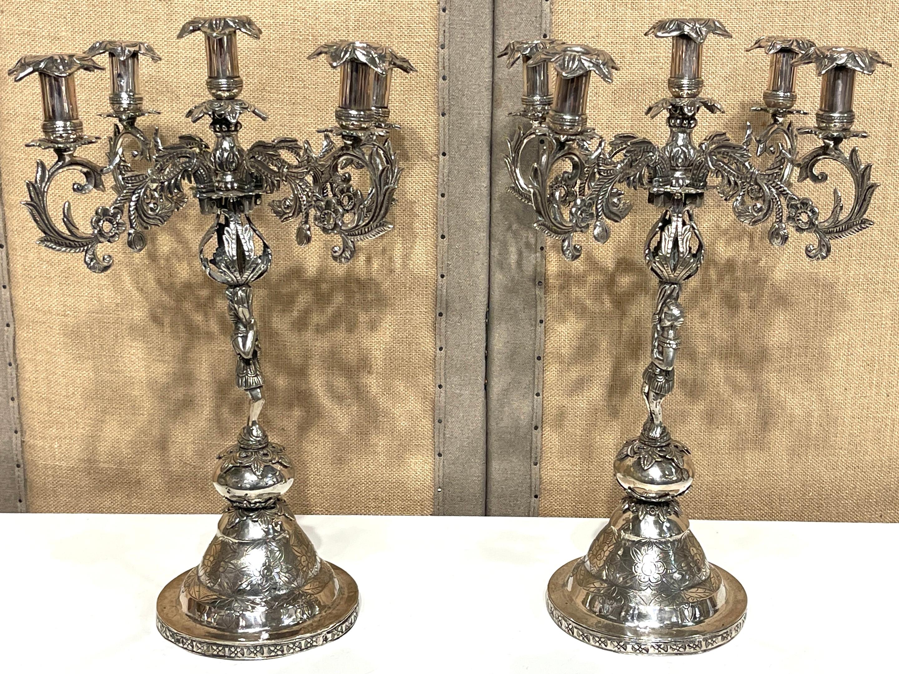 Silver Plate Pair of 19th Century Spanish Colonial Exotic Tobacco Leaf 5-Light Candelabra For Sale