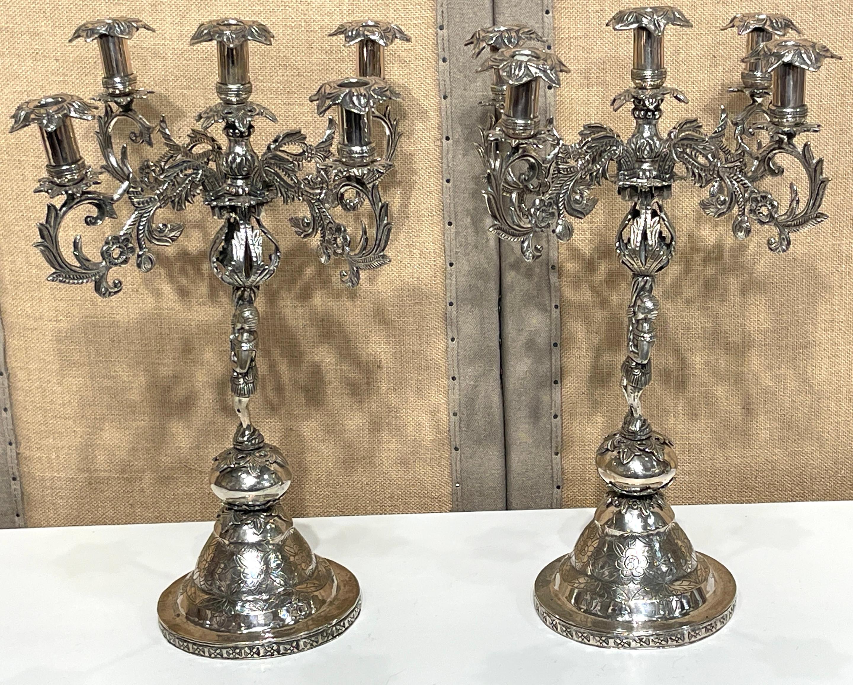 Pair of 19th Century Spanish Colonial Exotic Tobacco Leaf 5-Light Candelabra For Sale 2