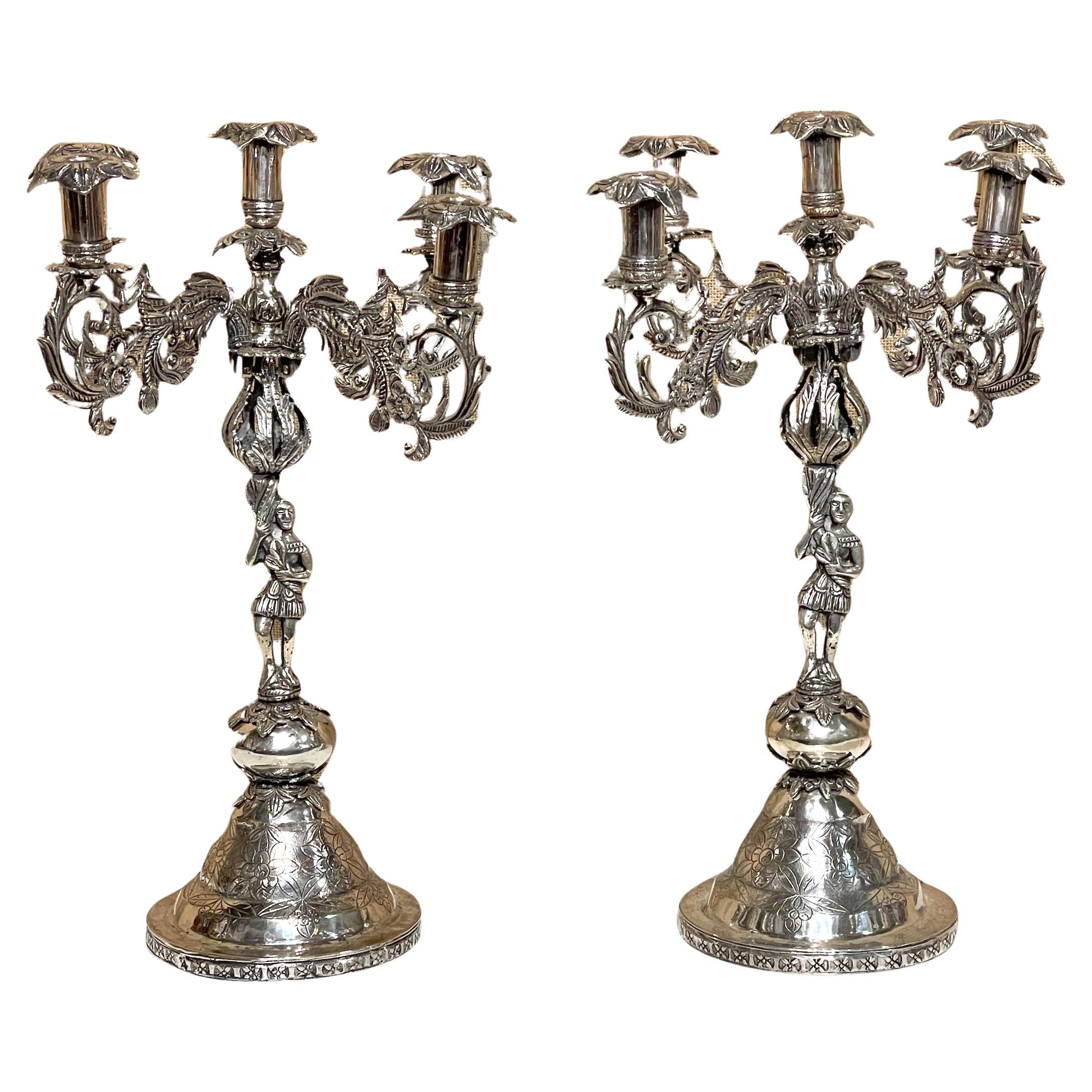 Pair of 19th Century Spanish Colonial Exotic Tobacco Leaf 5-Light Candelabra