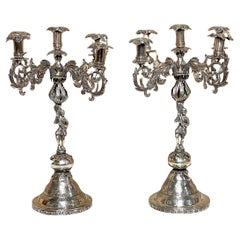 Antique Pair of 19th Century Spanish Colonial Exotic Tobacco Leaf 5-Light Candelabra 
