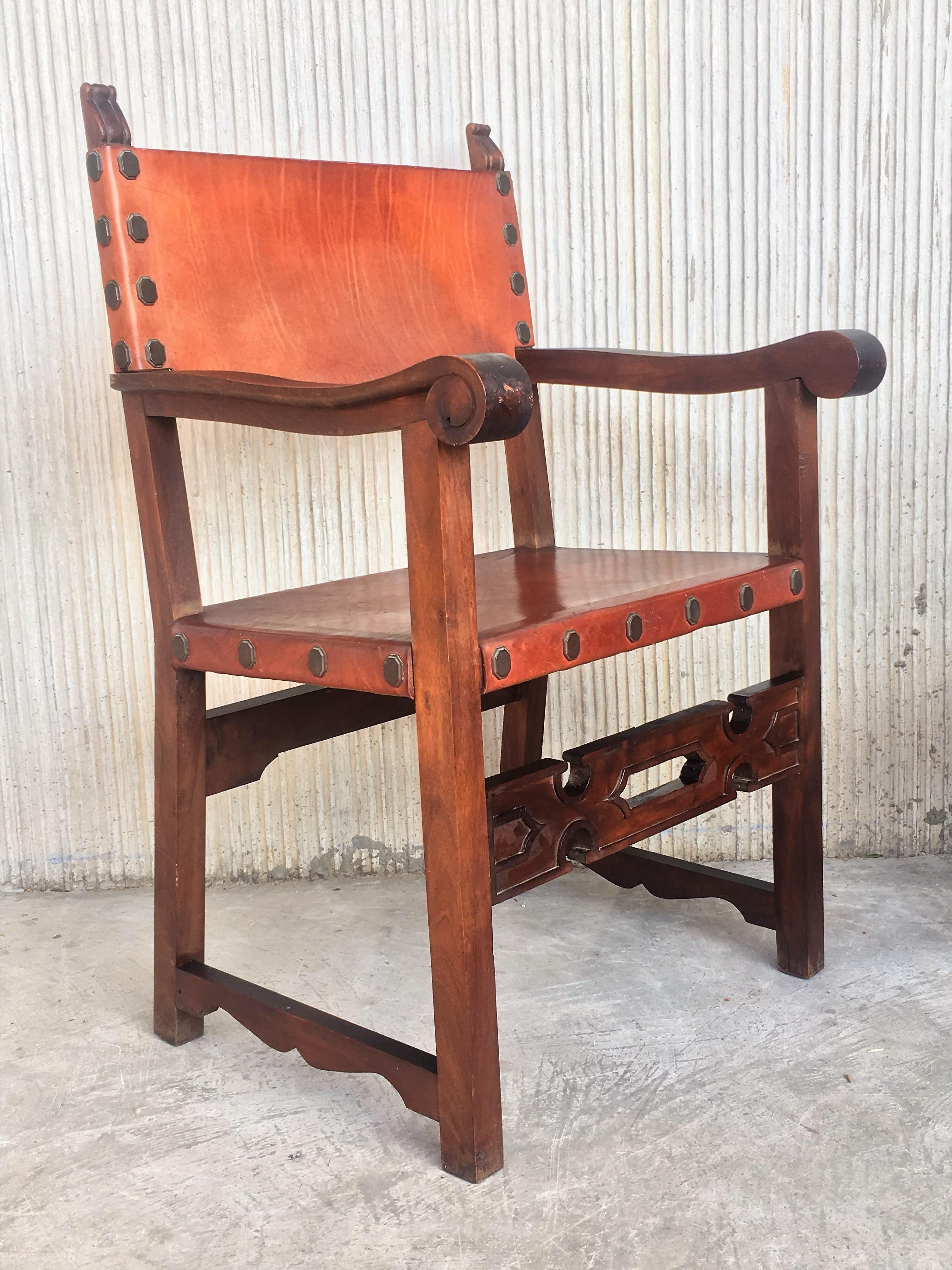 Pair of 19th Century Spanish Colonial Style Carved Armchairs with Leather 5