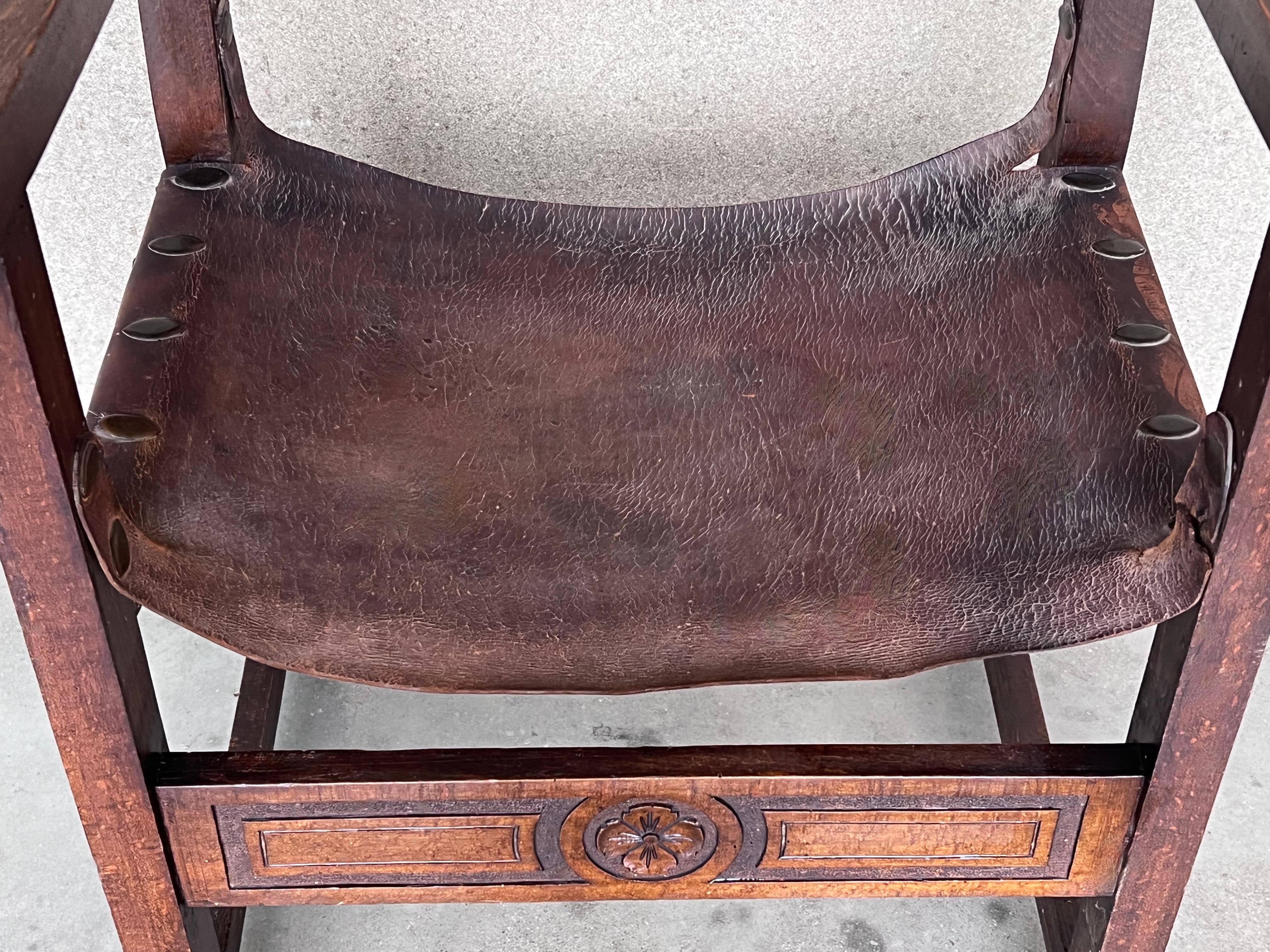 Pair of 19th Century Spanish Colonial Style Carved Armchairs with Leather For Sale 5