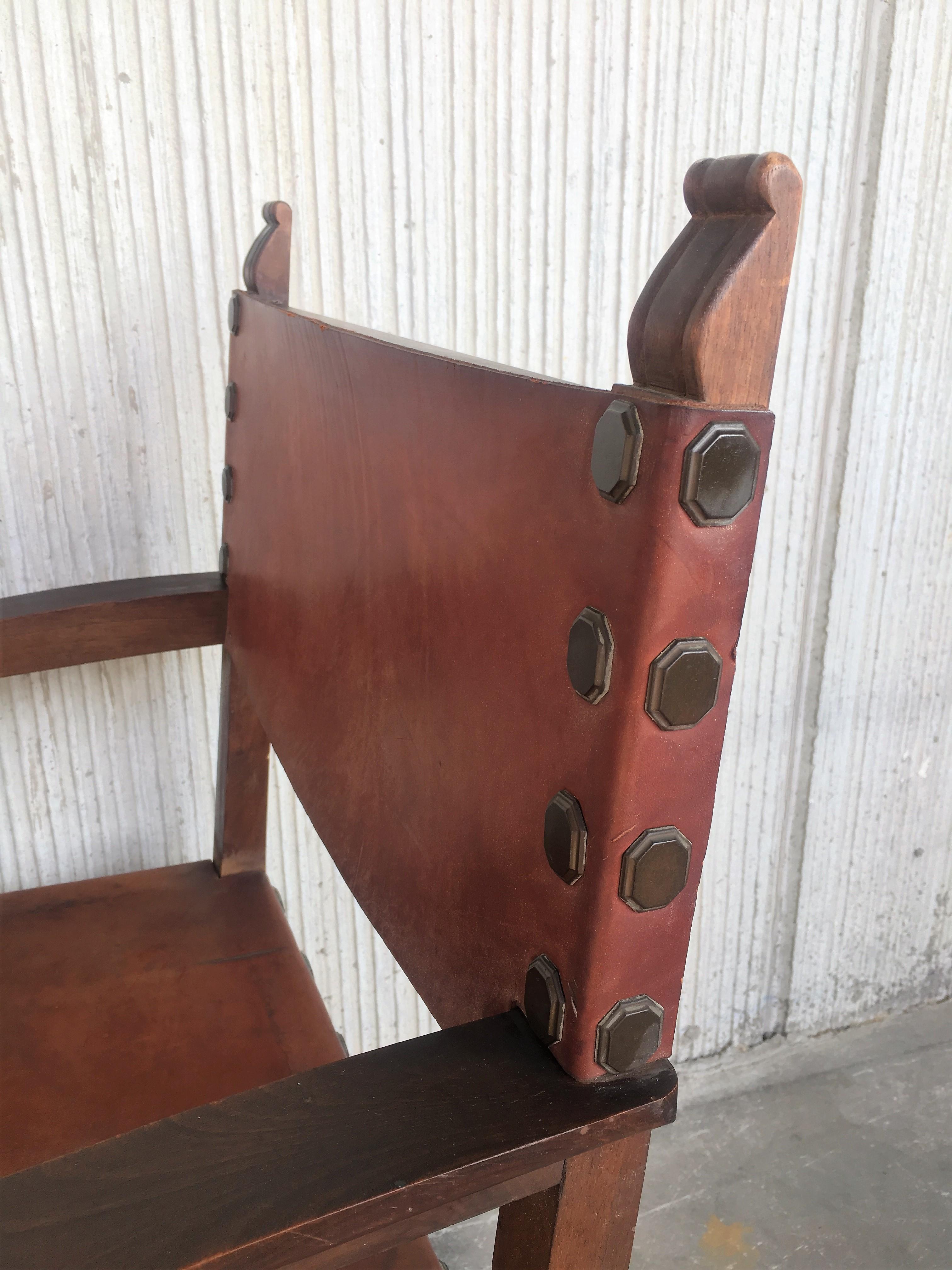 Pair of 19th Century Spanish Colonial Style Carved Armchairs with Leather 6