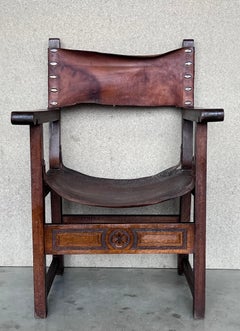 Pair of 19th Century Spanish Colonial Style Carved Armchairs with Leather