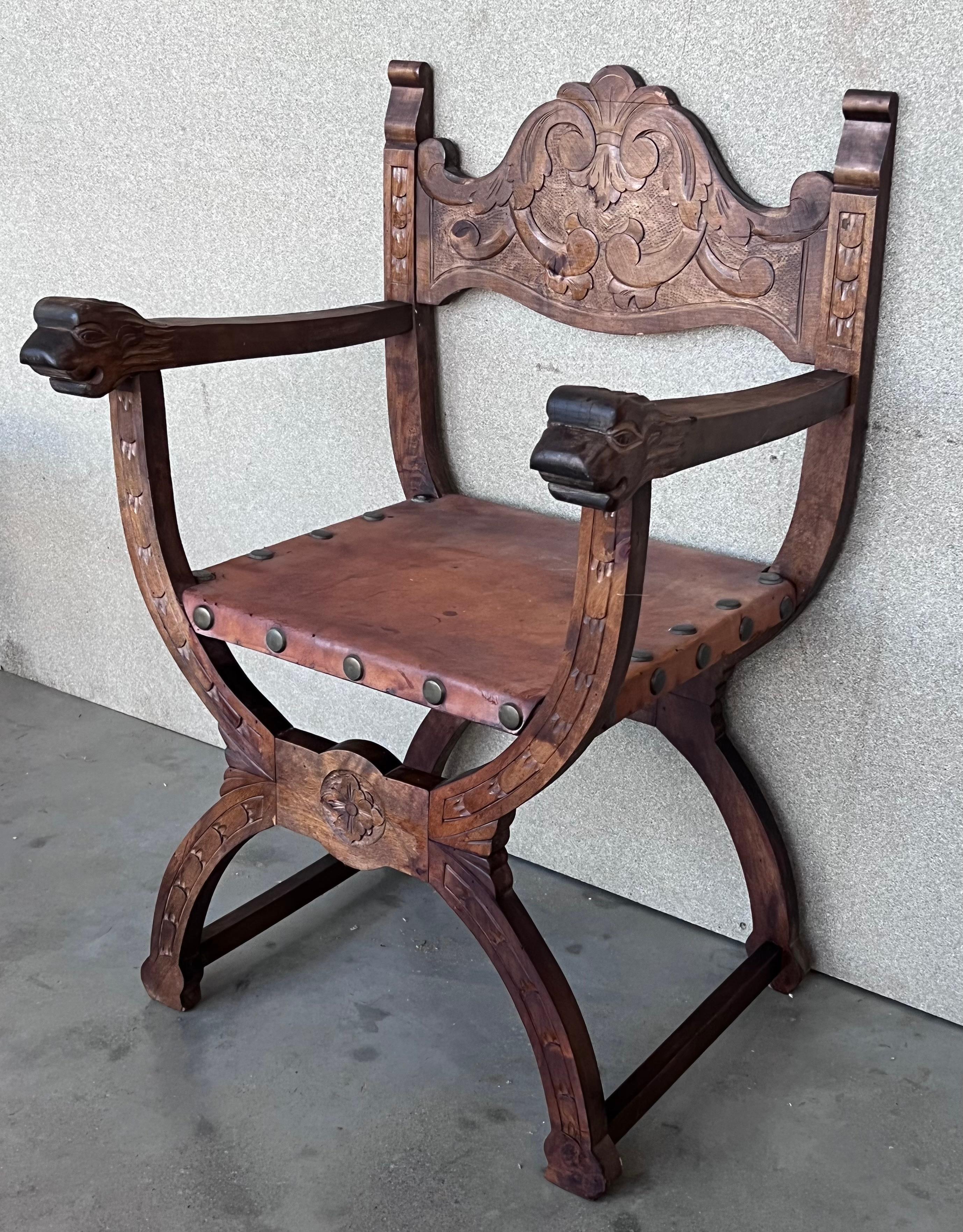 Pair of 19th Century Spanish Colonial Style Carved Armchairs with Leather In Good Condition In Miami, FL