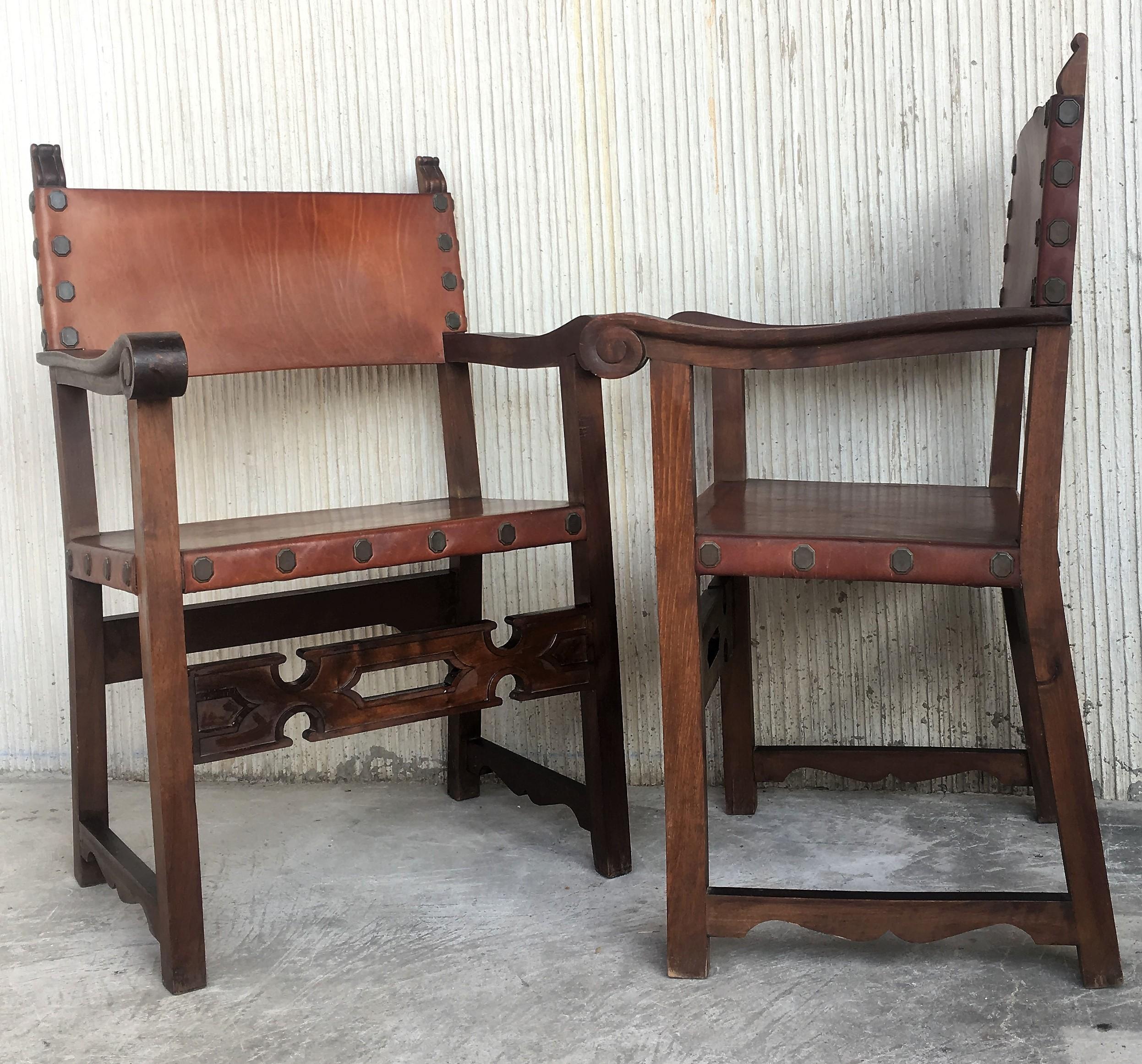 Pair of 19th Century Spanish Colonial Style Carved Armchairs with Leather In Good Condition In Miami, FL