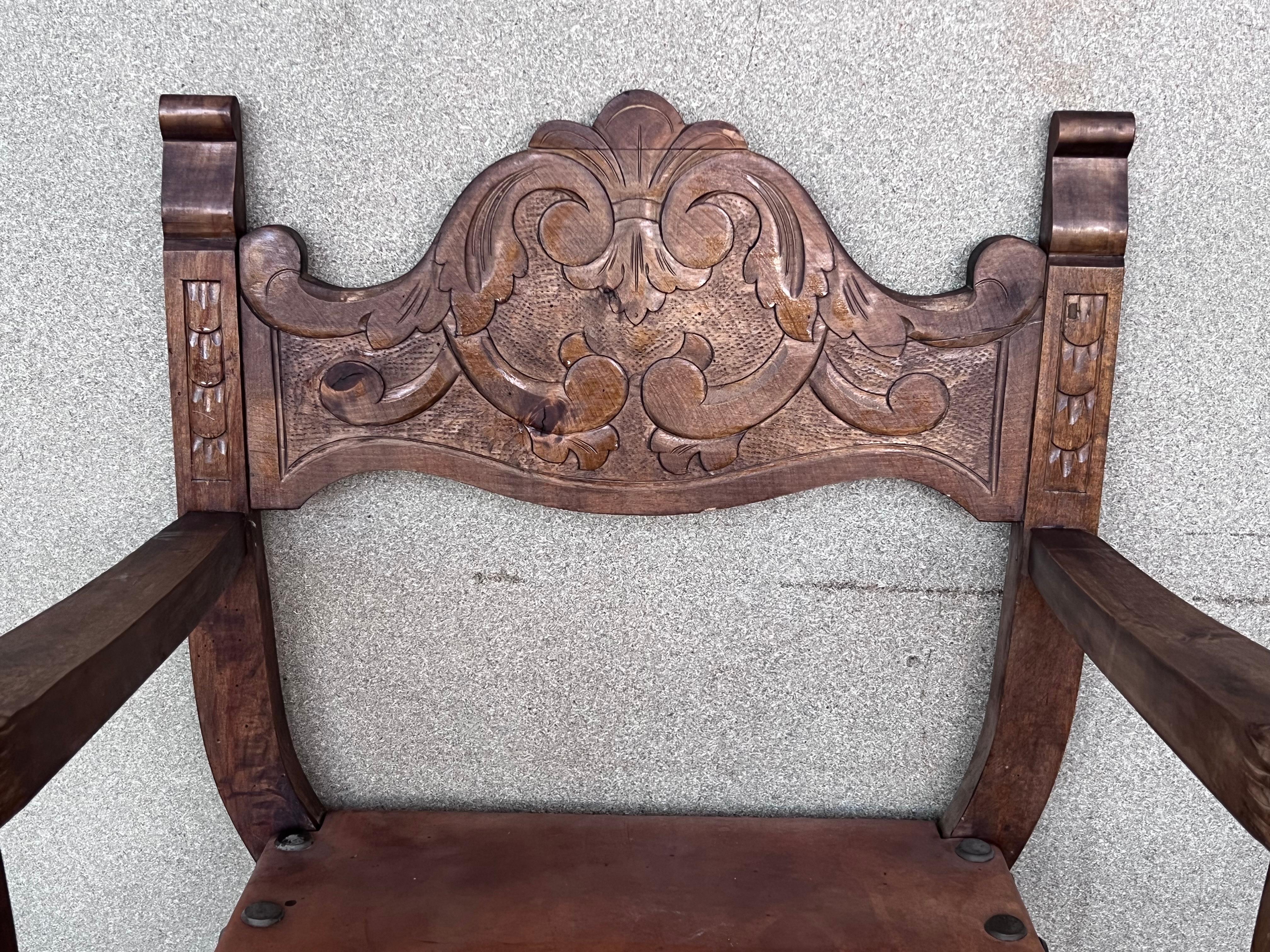 Pair of 19th Century Spanish Colonial Style Carved Armchairs with Leather 4