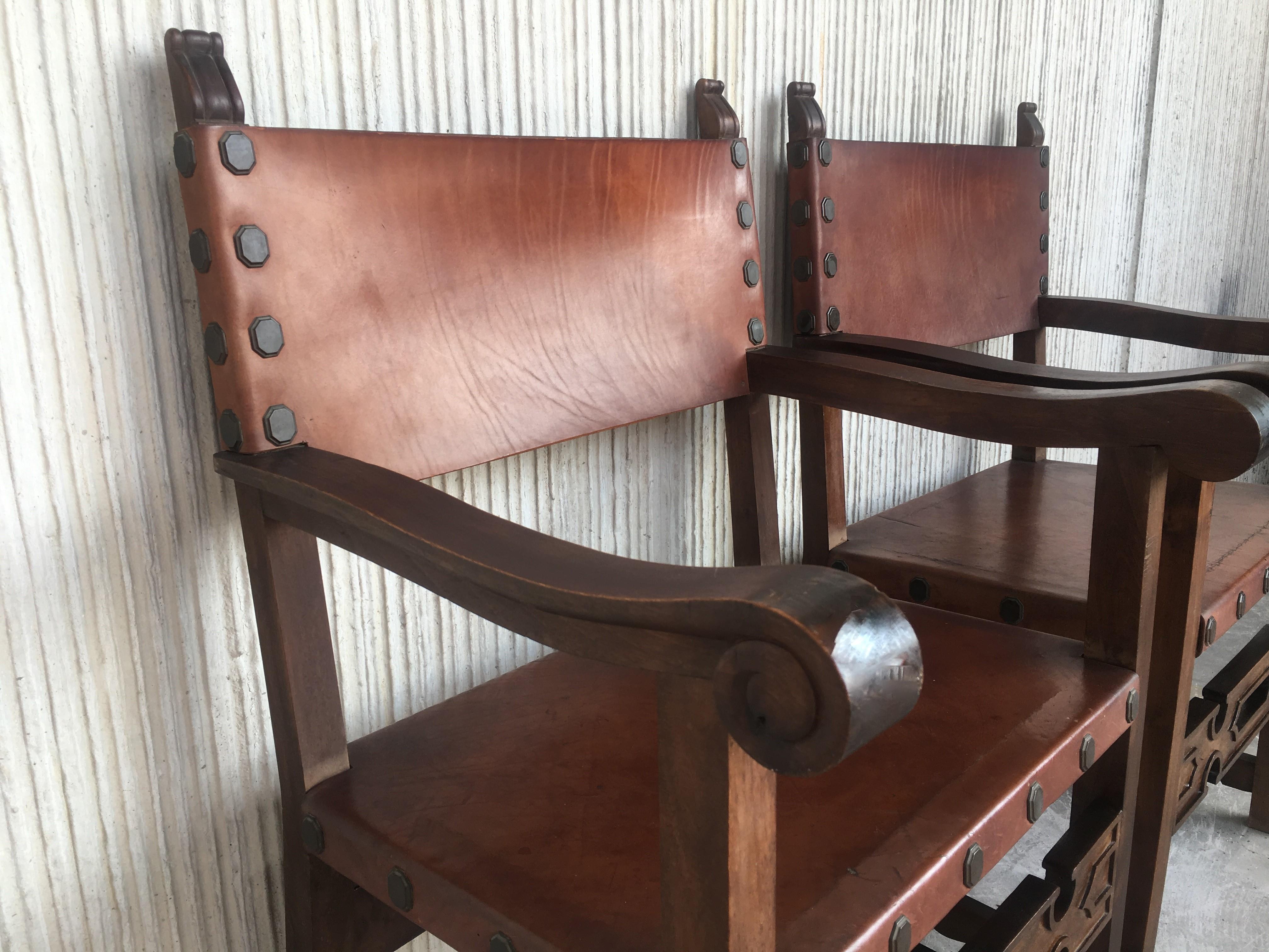 Pair of 19th Century Spanish Colonial Style Carved Armchairs with Leather 4