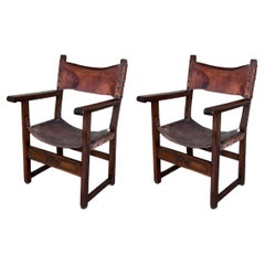 Pair of 19th Century Spanish Colonial Style Carved Armchairs with Leather