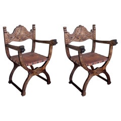 Pair of 19th Century Spanish Colonial Style Carved Armchairs with Leather