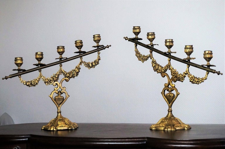 Pair of 19th Century Spanish Gilt Bronze Altar Candelabra, Church