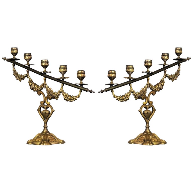 Pair of 19th Century Spanish Gilt Bronze Altar Candelabra, Church