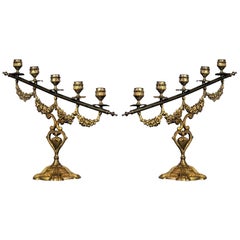 Pair of 19th Century Spanish Gilt Bronze Altar Candelabra, Church Candleholders