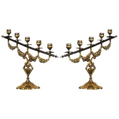 Pair of 19th Century Spanish Gilt Bronze Altar Candelabra, Church Candleholders