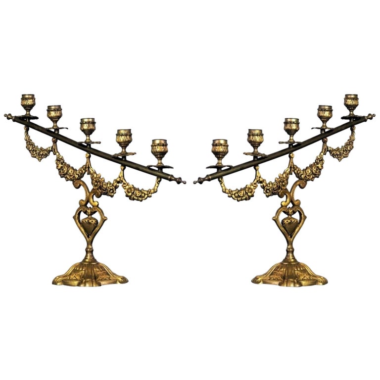 Pair of 19th Century Spanish Gilt Bronze Altar Candelabra, Church