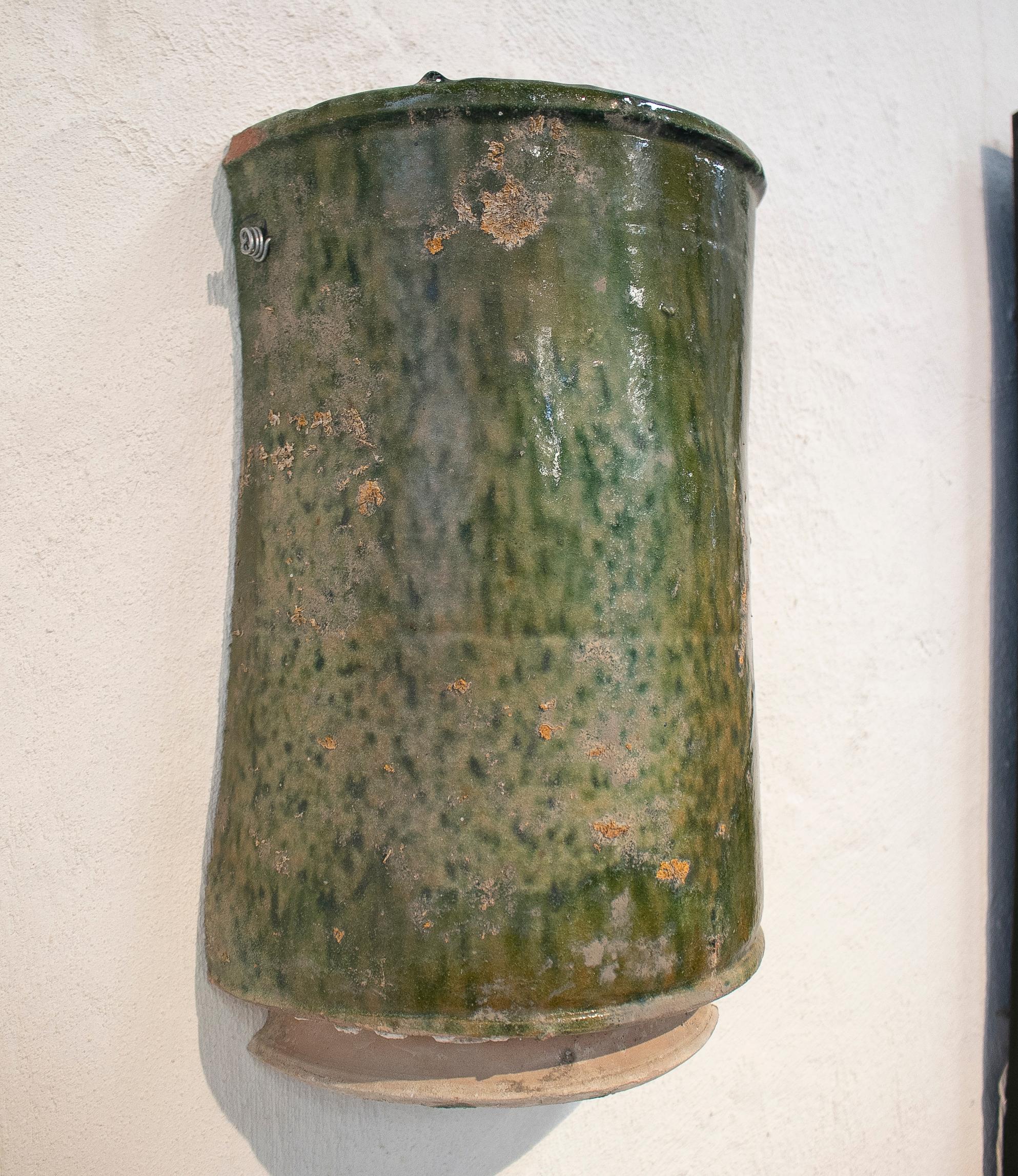 Ceramic Pair of 19th Century Spanish Green Glazed Terracotta Wall Lamp