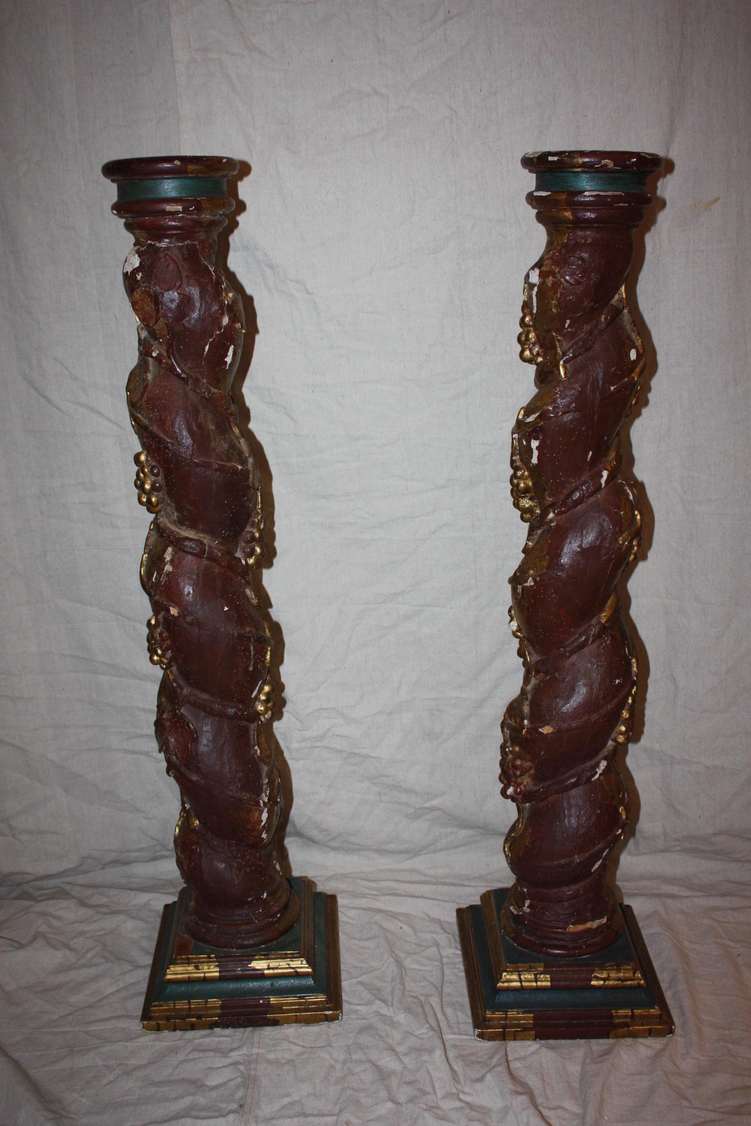 Pair of 19th Century Spanish Hand-Carved Wooden Columns 1