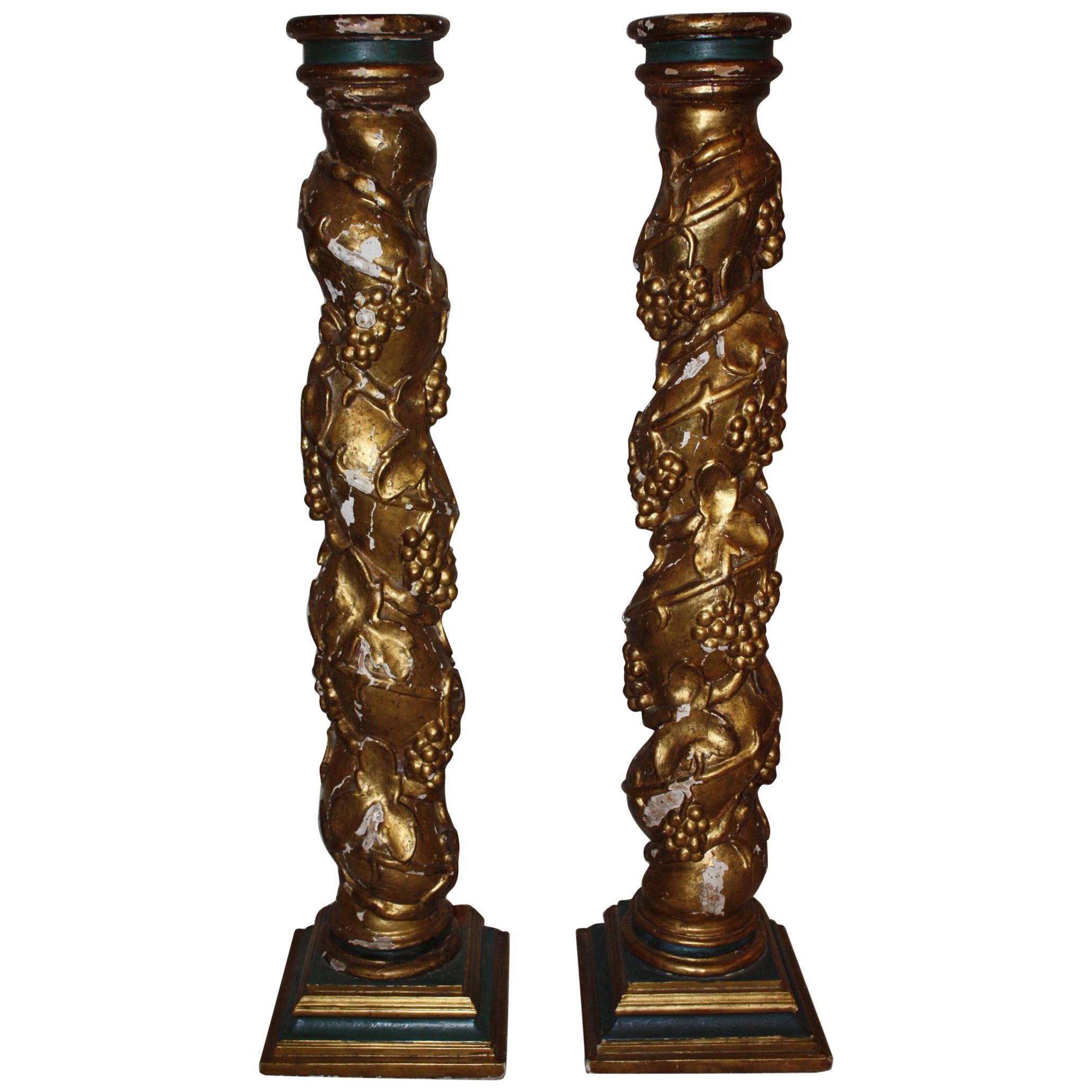 Pair of 19th Century Spanish Hand-Carved Wooden Columns