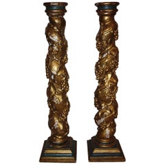 Pair of 19th Century Spanish Hand-Carved Wooden Columns