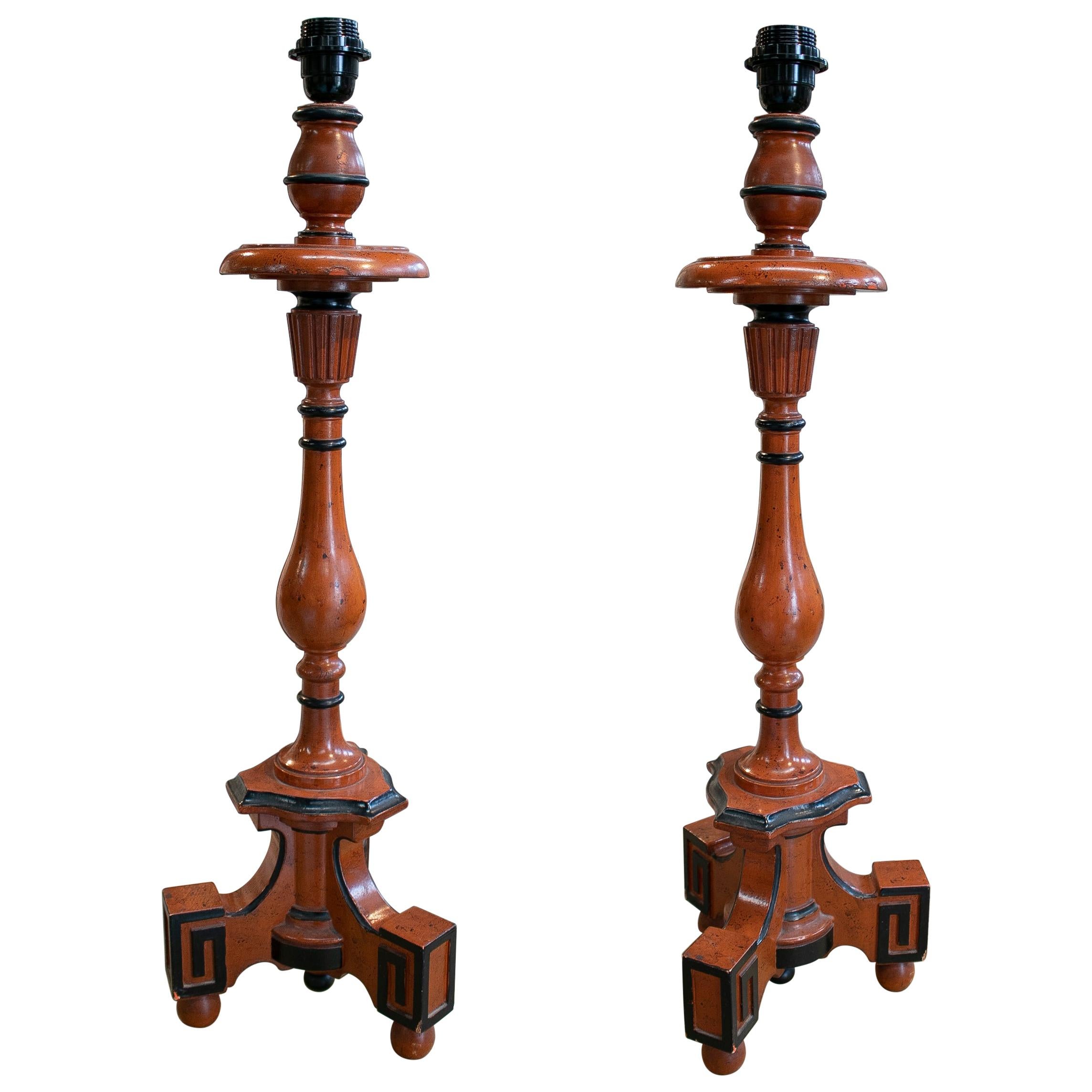 Pair of 19th Century Spanish Painted Wooden "Torchere" Pricket Sticks For Sale
