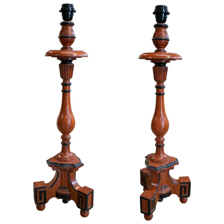 Pair of 19th Century Spanish Painted Wooden "Torchere" Pricket Sticks For Sale