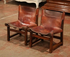 Pair of 19th Century Spanish Walnut and Leather Low Fireplace Chairs
