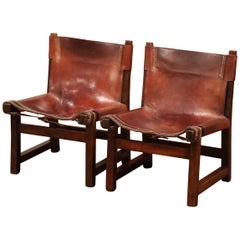 Pair of 19th Century Spanish Walnut and Leather Low Fireplace Chairs