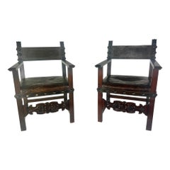 Pair of 19th Century Spanish Walnut & Leather Armchairs