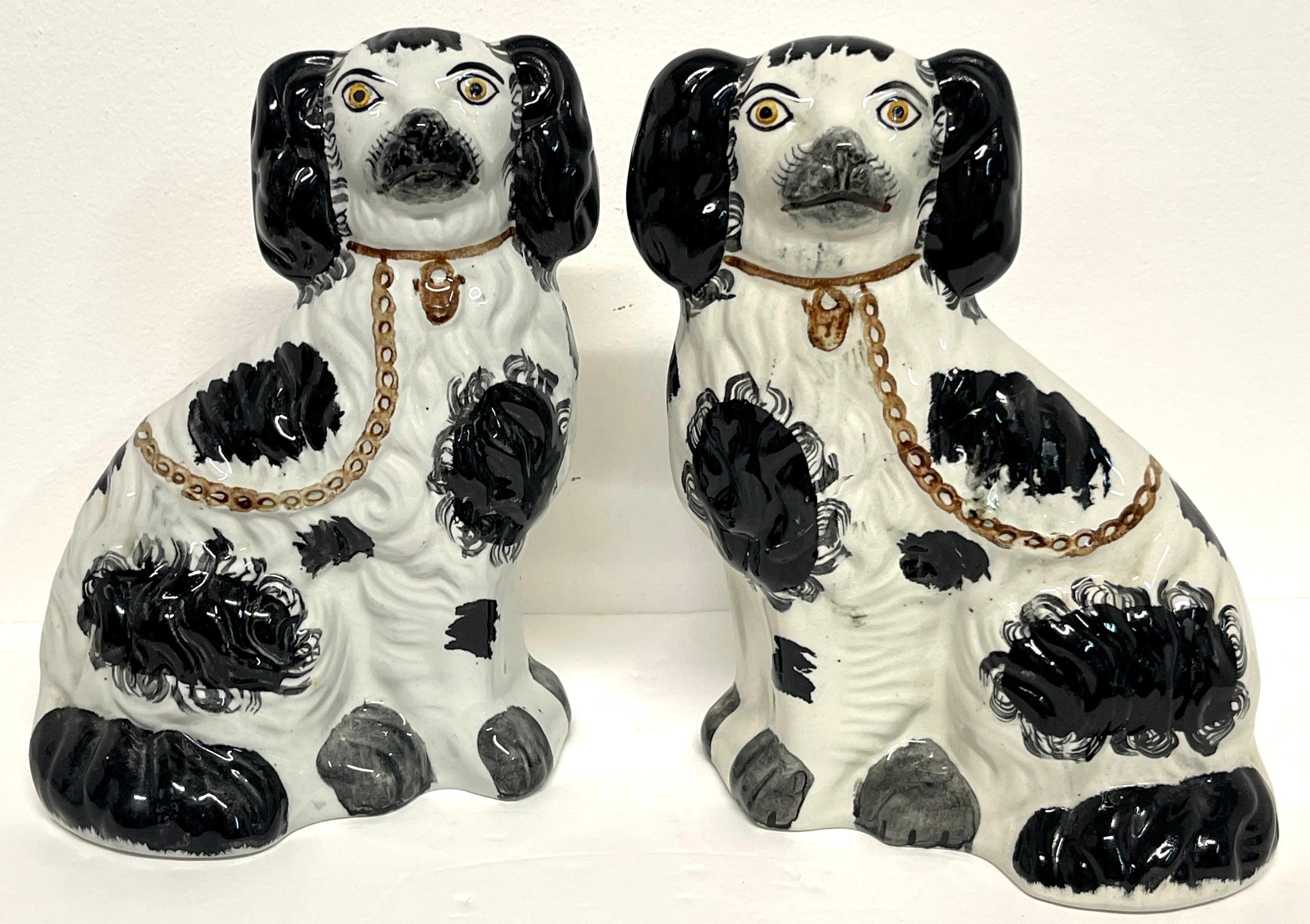 Pottery Pair of 19th Century Staffordshire Dogs, Black & White 'Sponge' Decoration