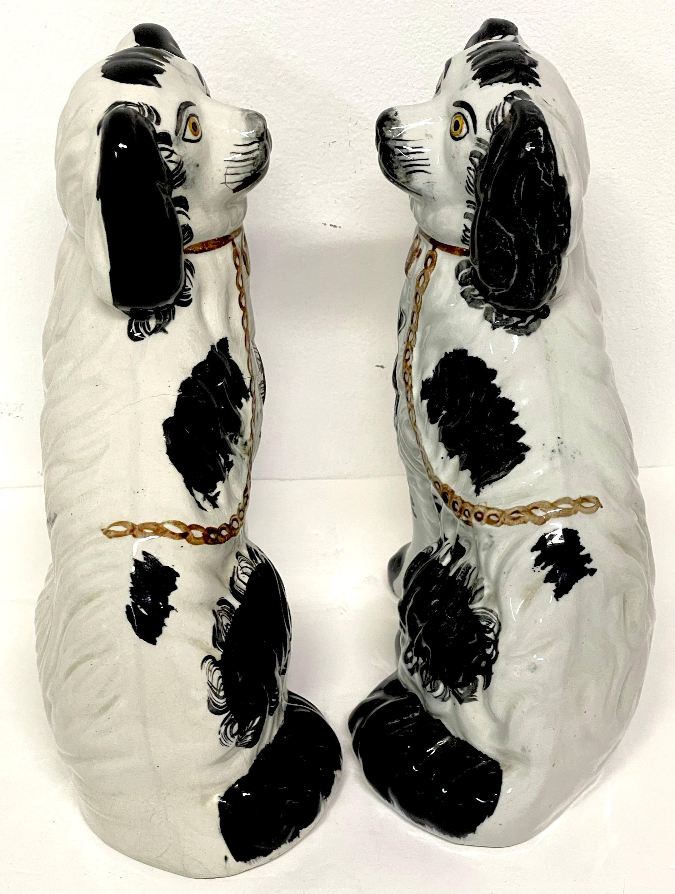 High Victorian Pair of 19th Century Staffordshire Dogs, Black & White 'Sponge' Decoration