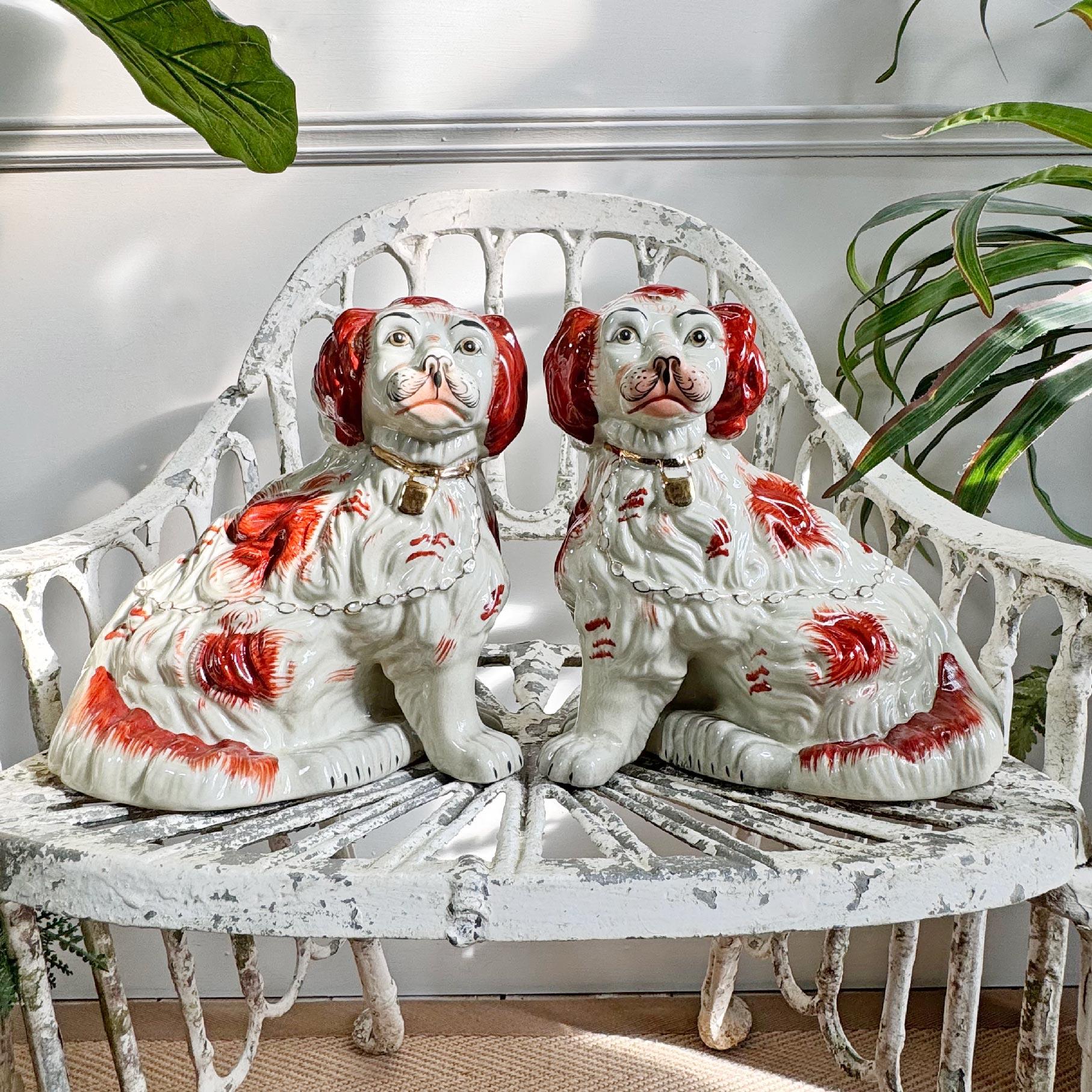 English Pair of 19th Century Staffordshire Dogs in Oxblood Red