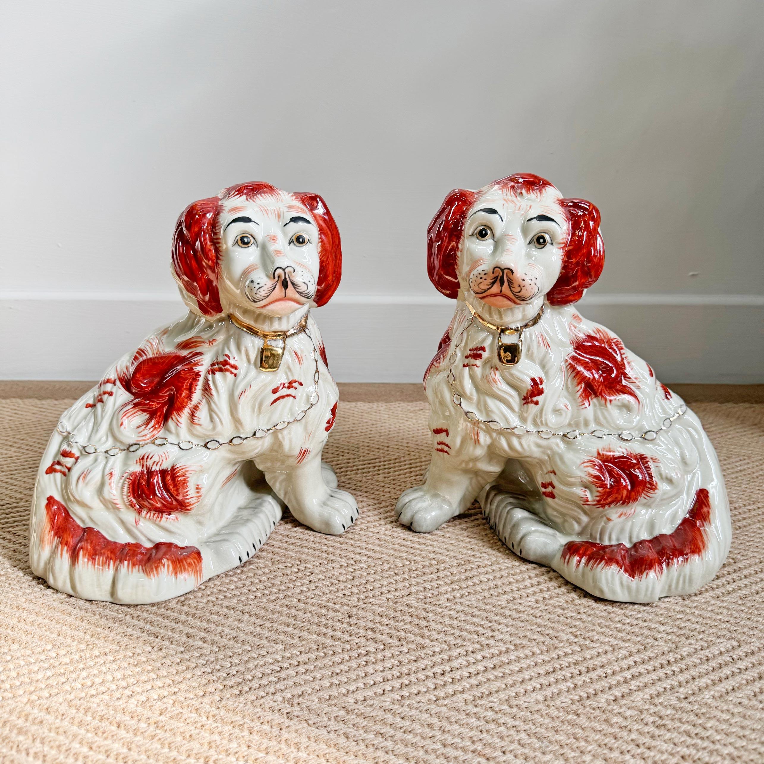 Hand-Painted Pair of 19th Century Staffordshire Dogs in Oxblood Red