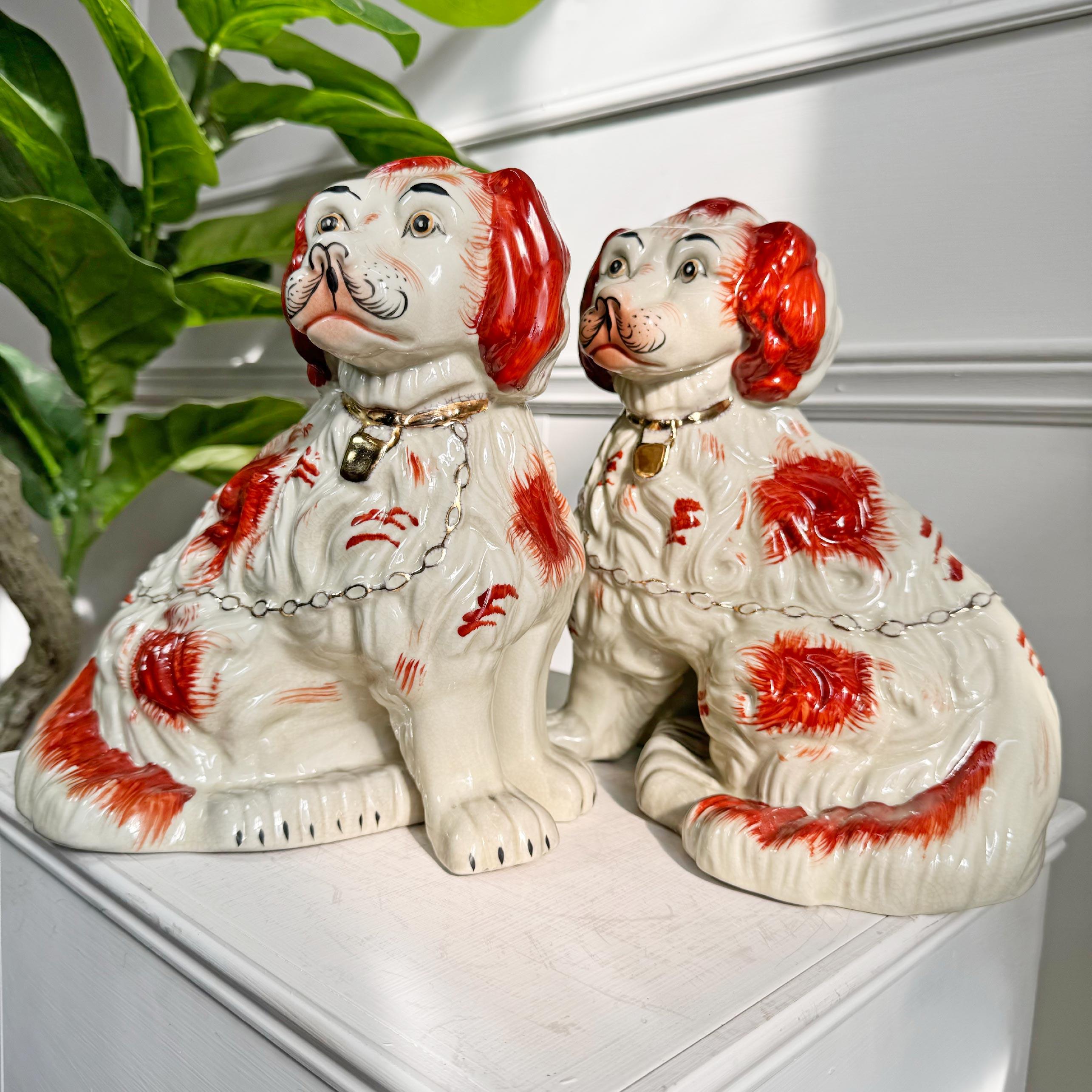 Ceramic Pair of 19th Century Staffordshire Dogs in Oxblood Red