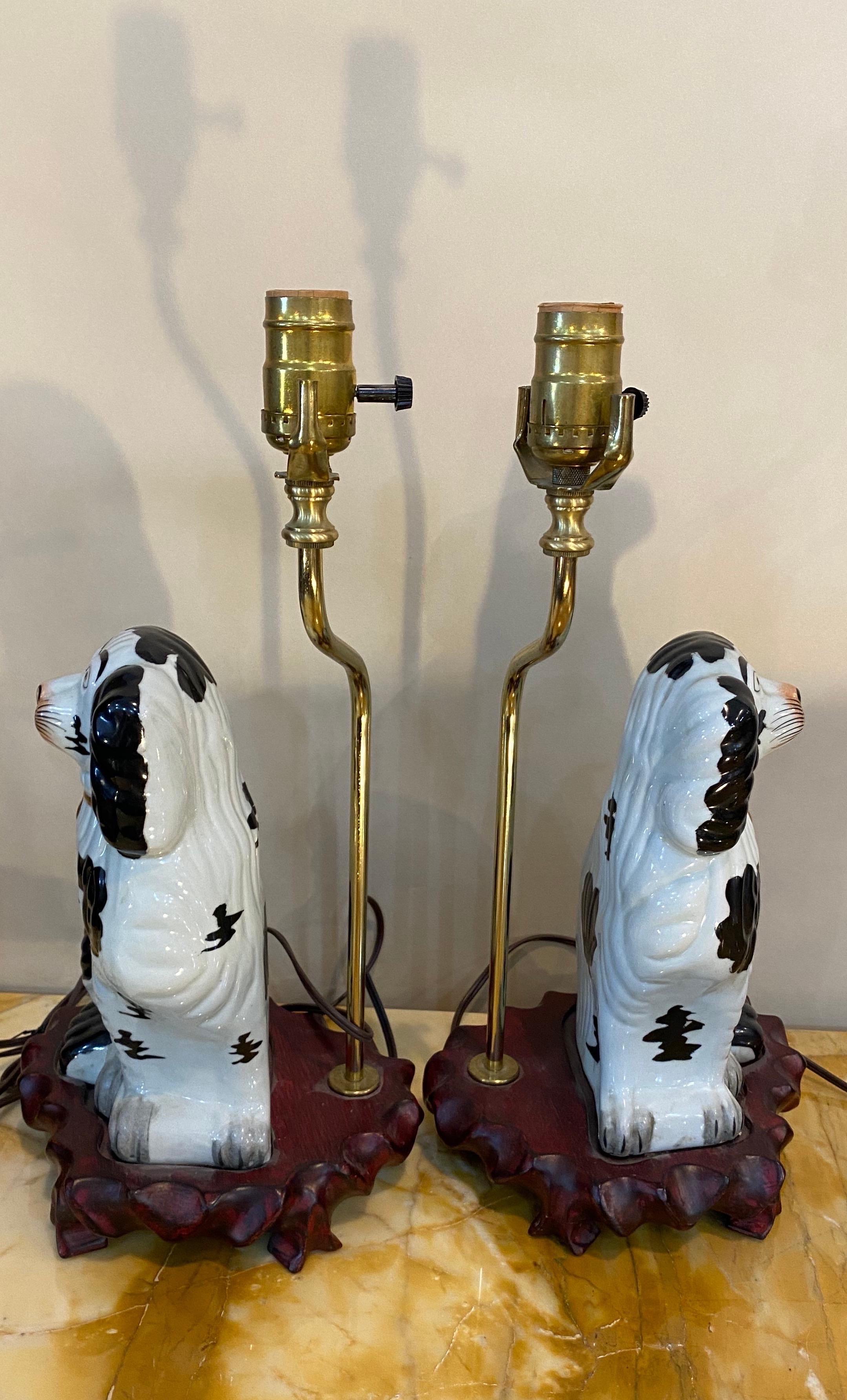 English Pair of 19th Century Staffordshire Dogs mounted as Lamps