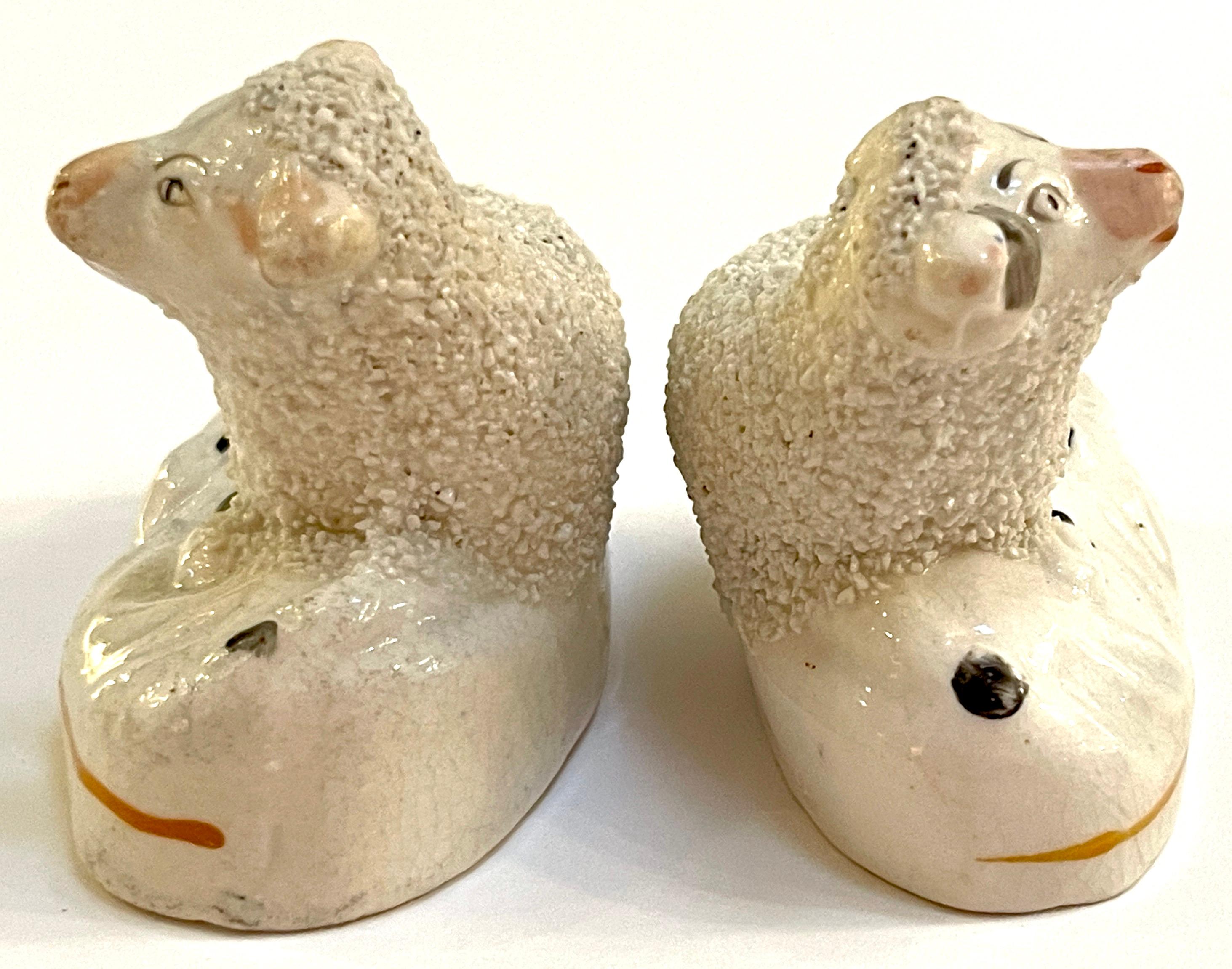 English Pair of 19th Century Staffordshire Figures of Recumbent Sheep