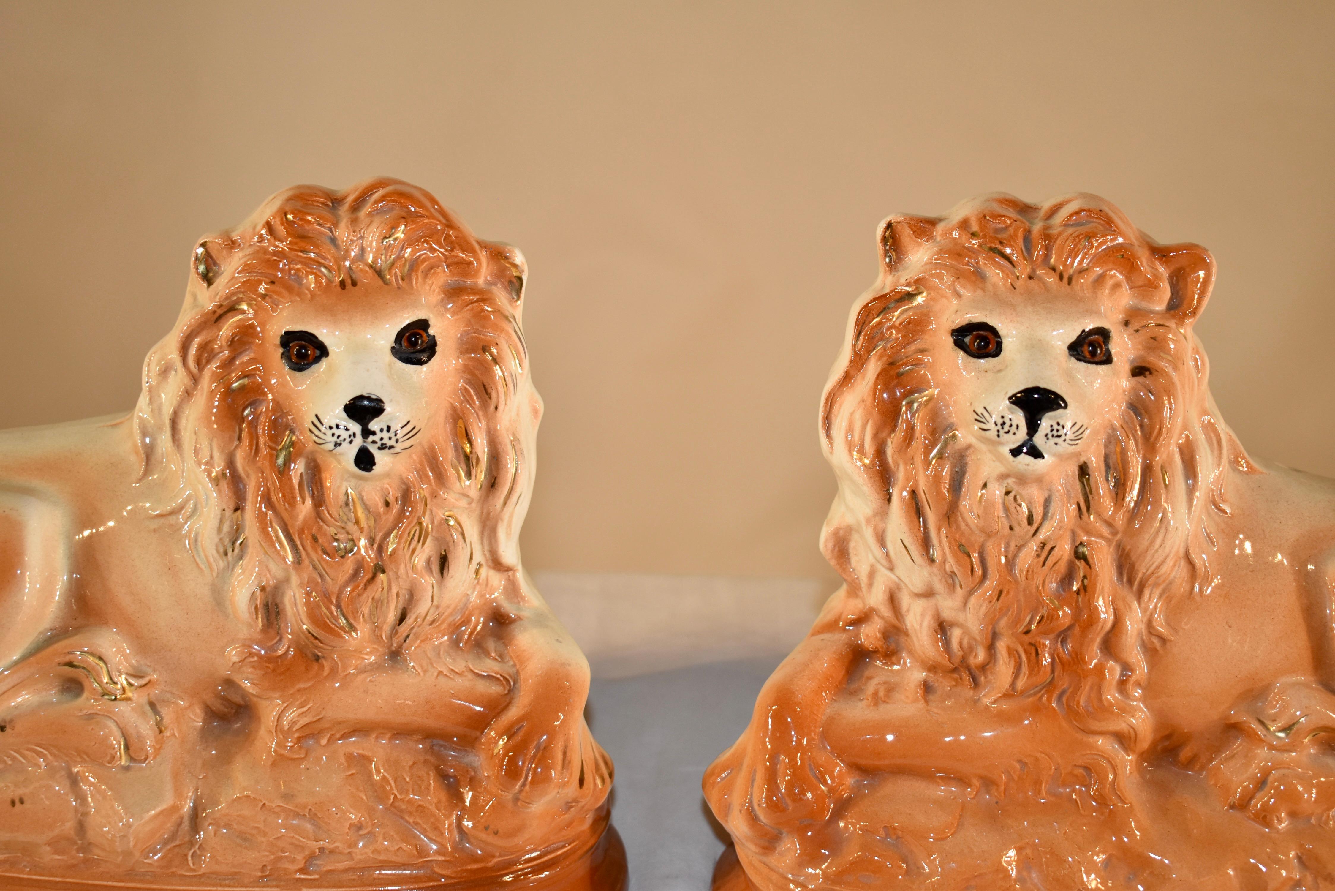 Victorian Pair of 19th Century Staffordshire Lions 