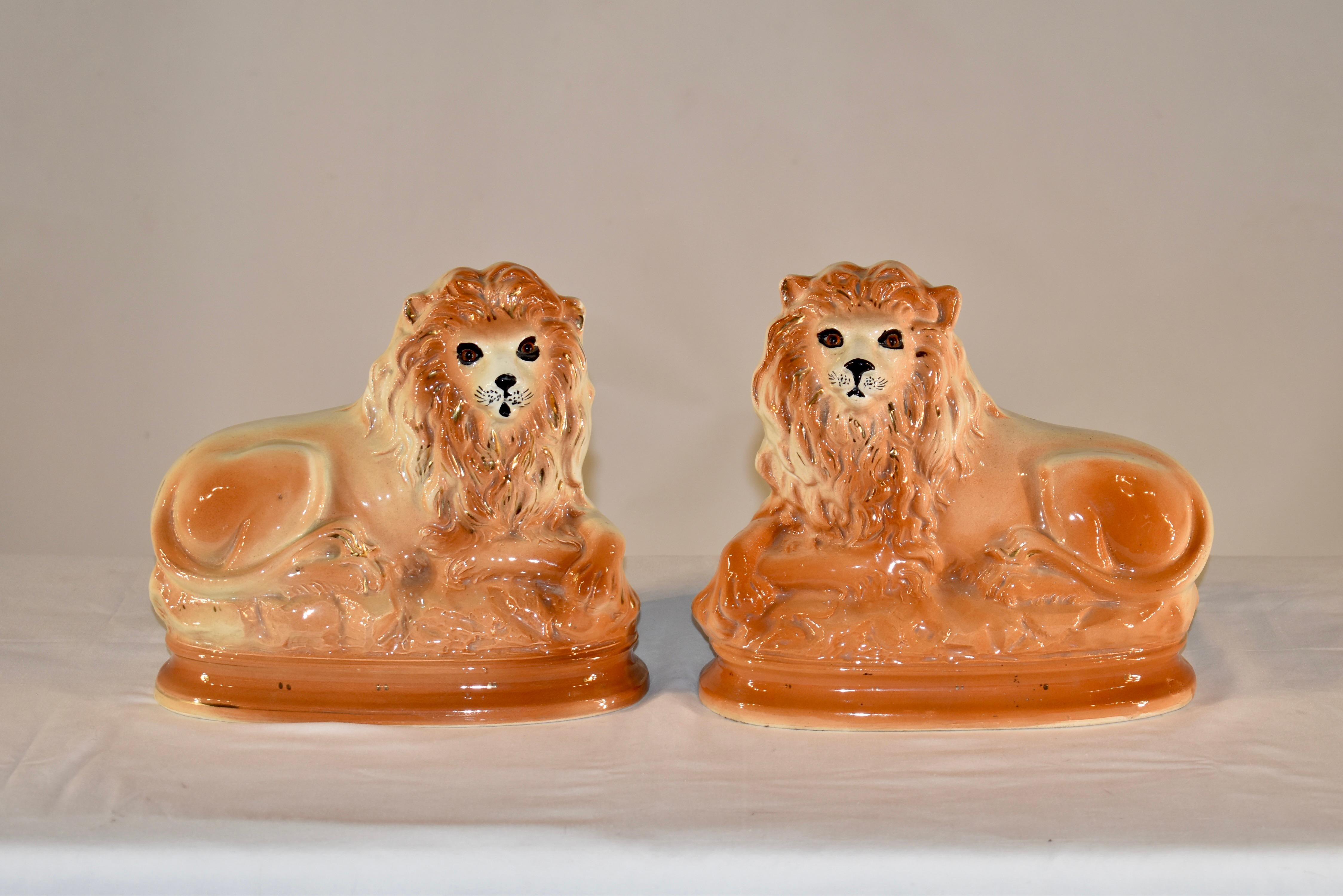 Ceramic Pair of 19th Century Staffordshire Lions 