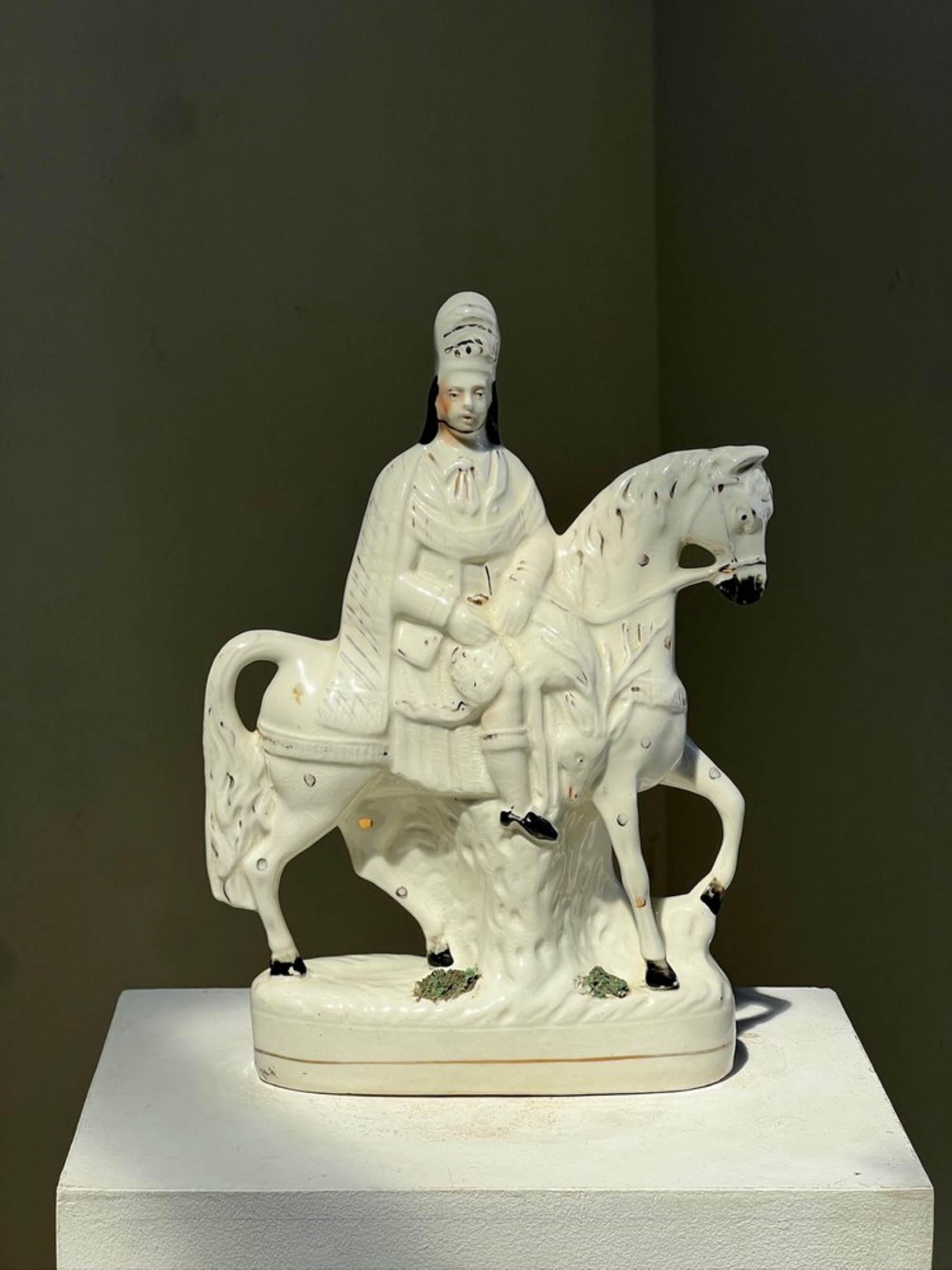 This Staffordshire pottery figurines reflect the popular Victorian-era fascination with romanticized depictions of rural life and sporting pursuits. Staffordshire, England, was a major center for pottery production during the 19th century, known for