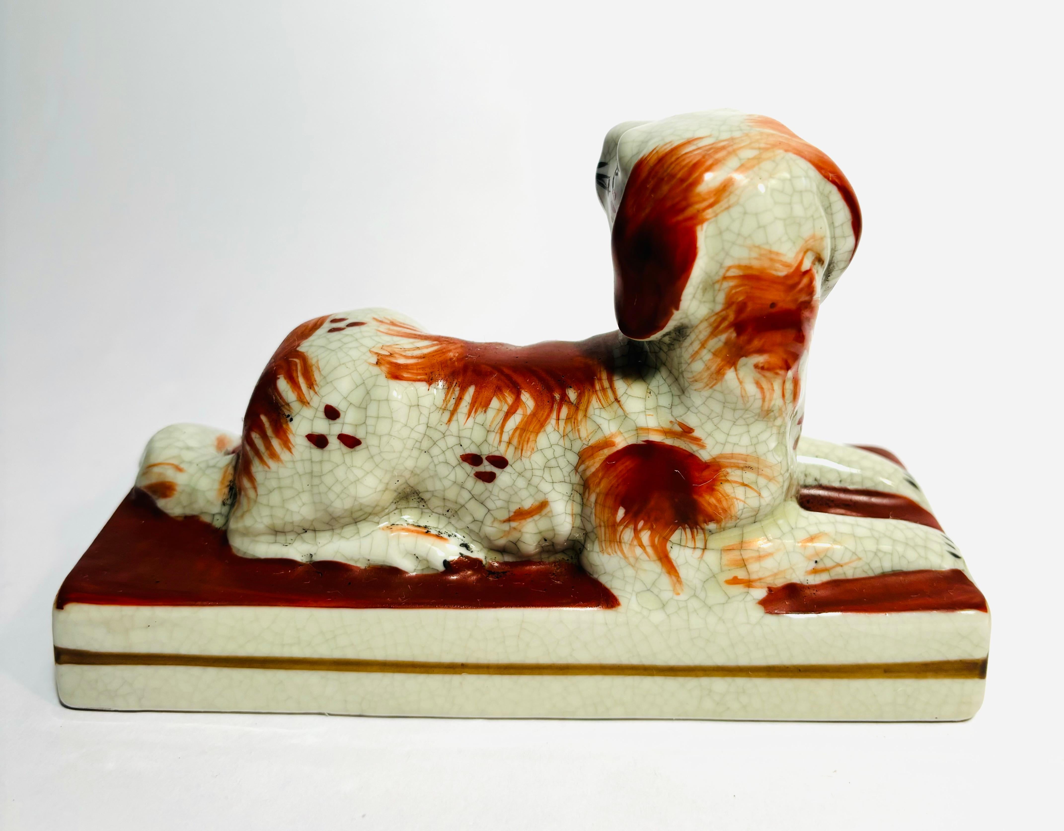 Hand-Crafted Pair of 19th Century Staffordshire Recumbent Greyhound Dogs. Charming Faces For Sale