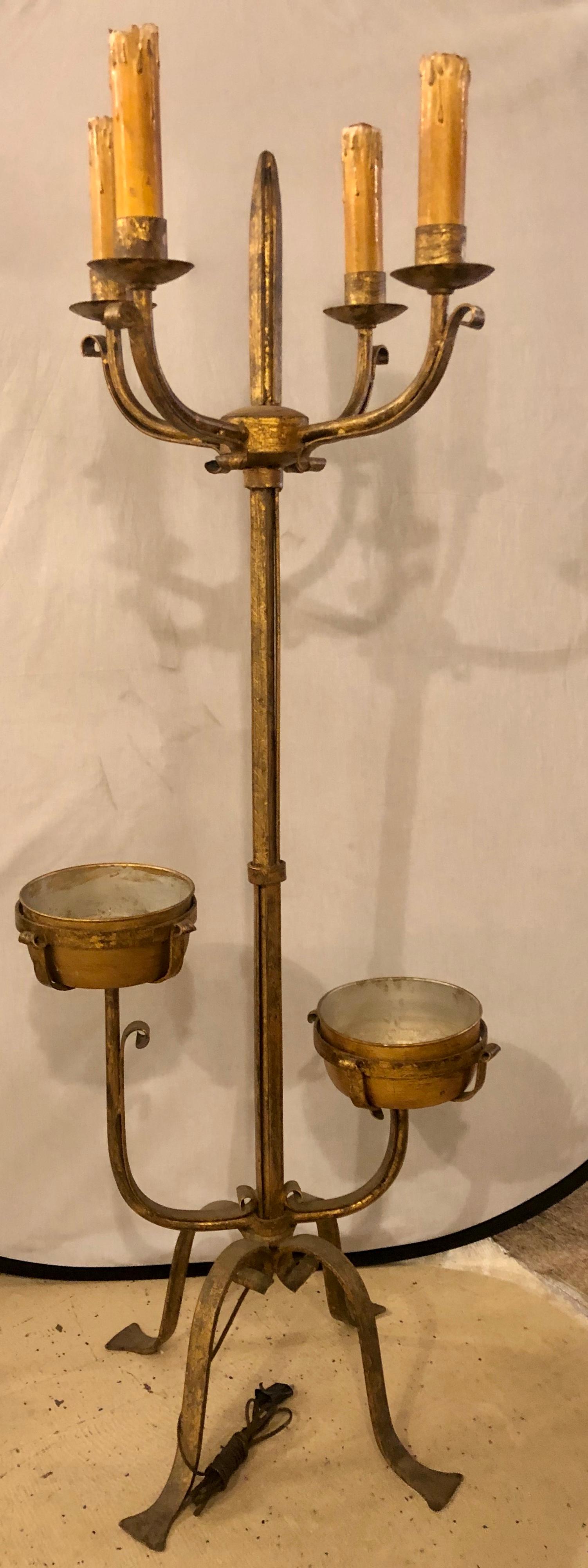Pair of 19th Century Standing Candelabra Lamps, Gilt Metal Indurstrial 5