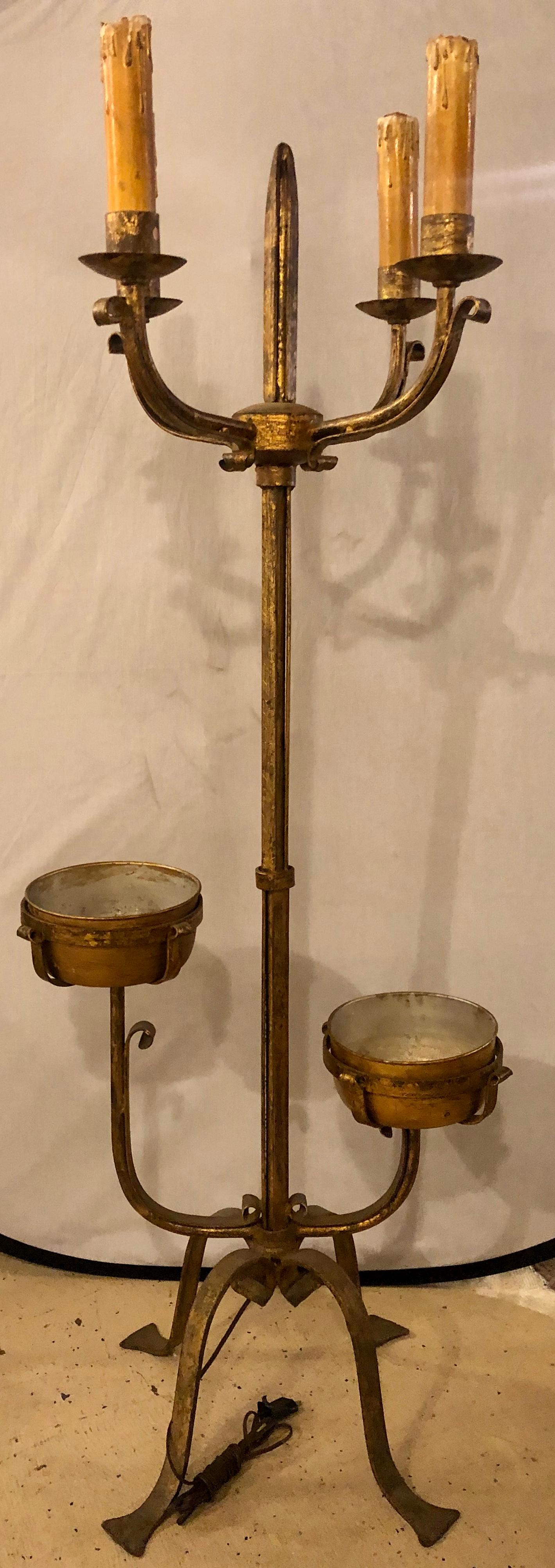 Gothic Pair of 19th Century Standing Candelabra Lamps, Gilt Metal Indurstrial